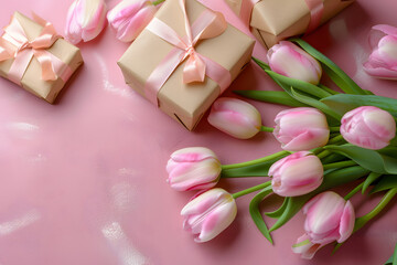 Elegant Gift Boxes and Pink Tulips on Pastel Background