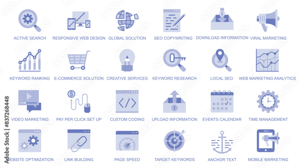 Poster seo optimization web icons set in duotone flat design. pack pictograms with active search, global so