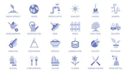 Fototapeta premium Garden flowers web icons set in duotone flat design. Pack pictograms with green sprout, seeds, sunlight, shovel, bamboo, wheelbarrow, watering can, rake, fence, fruit tree, other. Vector illustration.