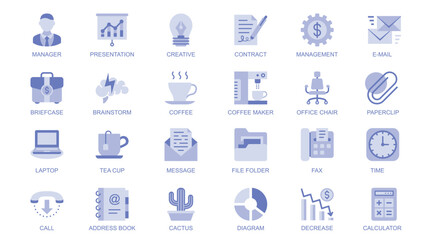 Office supplies web icons set in duotone flat design. Pack pictograms with manager, presentation, contract, email, briefcase, brainstorm, coffee maker, call, file folder, other. Vector illustration.