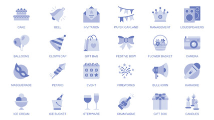 Party web icons set in duotone flat design. Pack pictograms with cake, bell, invitation, paper garland, balloons, clown cap, gift box, festive bow, flower bucket, camera, other. Vector illustration.