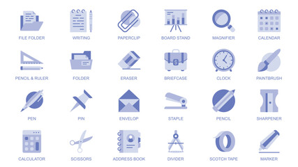 Stationery web icons set in duotone flat design. Pack pictograms with file folder, writing, paperclip, board stand, magnifier, calendar, pencil, ruler, eraser, briefcase, clock. Vector illustration.