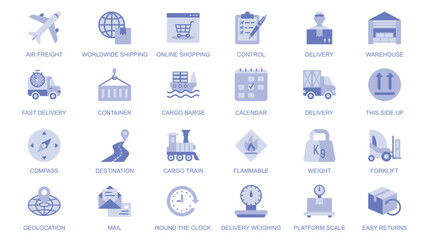 Worldwide delivery web icons set in duotone flat design. Pack pictograms with air freight, shipping, online shopping, control, warehouse, container, location, destination, mail. Vector illustration.