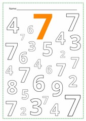 A printed sheet of a worksheet with numbers.  Find the number and color it. Mathematics for children, arithmetic for a child, Vector illustration.