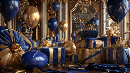 A royal ball birthday party with royal blue and gold balloons, velvet streamers, crown hats, and gift boxes wrapped in luxurious fabrics in a grand ballroom .