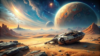 Desolate, barren planet with crashed spaceship in the foreground, stranded, alien, sci-fi, space, exploration, spaceship, wreck, desolate, barren, landscape, stars, galaxy, science fiction