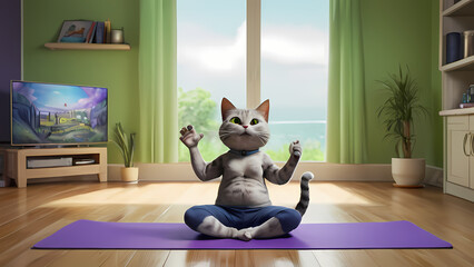 An animated cat sits cross-legged in a meditative pose on a yoga mat, calming ambiance