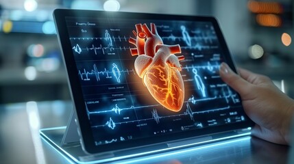 Digital medical illustration showing a detailed 3D model of a human heart on a tablet with vital signs displayed, symbolizing modern healthcare.