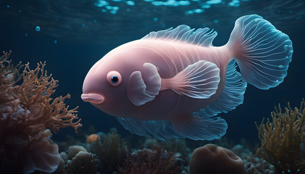 A blobfish radiates an otherworldly blue glow as it emerges from the dark ocean depths surrounded by swirling seaweed and shimmering moonlight ripples.