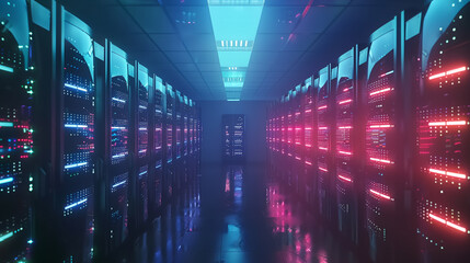 Fototapeta premium A computer server room with many servers and a neon light