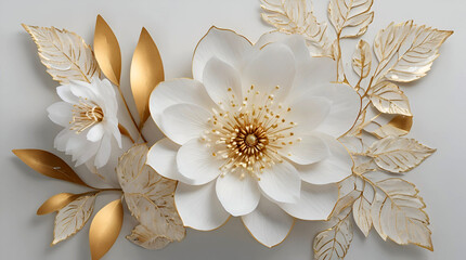 Create an image featuring a central, large, white flower with multiple layers of delicate petals, surrounded by smaller white flowers and golden leaves.