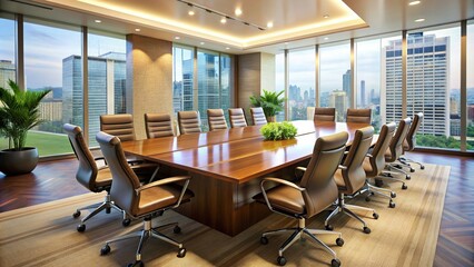 A table surrounded by empty chairs in a spacious conference room, conference, meeting, empty chairs, workspace, business, corporate, interior, furniture, professional, office, workplace