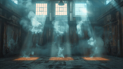 Obraz premium Sunlight Streaming Through Dusty Windows in an Abandoned Industrial Warehouse, Creating a Mystical Atmosphere with Light Beams and Fog