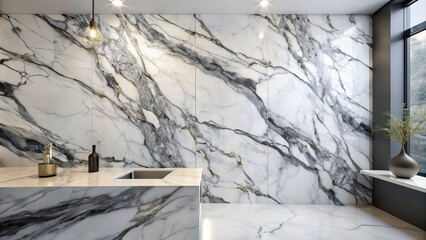 Sleek white marble with contrasting black and grey veining for a modern backdrop