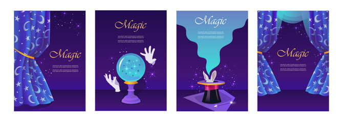 Magic show. Beautiful night curtains. Moon and stars. Blue dark background. Magician's hat. Magic ball. Vector illustration