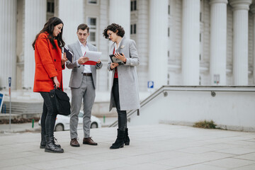 Three lawyers in professional attire engage in a discussion holding legal documents outside a courthouse.