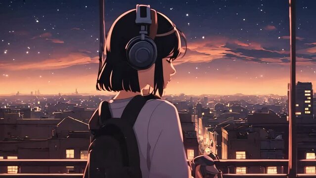 lofi anime girl watching sunset, cosmic sky animation, lofi animation, seamless looping, lofi, ambient animation, anime girl wearing headphones animation, lofi videos, calming videos, 4k