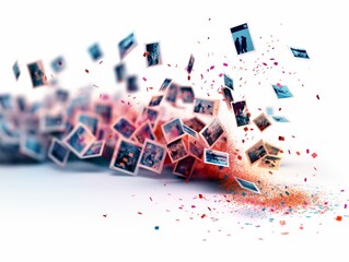 Dynamic explosion of photo snapshots cascading over a white background, representing memories and moments captured in time.