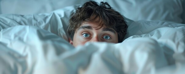 Detailed shot of a person lying in bed staring at the ceiling, unable to sleep, high resolution, isolated on white background, insomnia and sleep deprivation