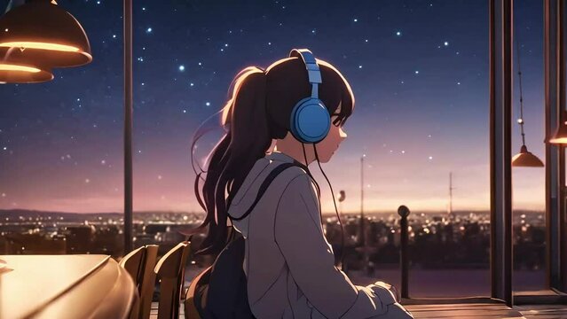 lofi anime girl watching sunset, cosmic sky animation, lofi animation, seamless looping, lofi, ambient animation, anime girl wearing headphones animation, lofi videos, calming videos, 4k