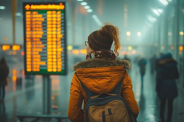 Fototapeta premium Woman waiting at airport departure board