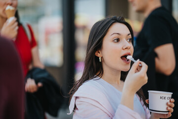 A young adult female savors a cup of ice cream while strolling on a busy city street, embodying...