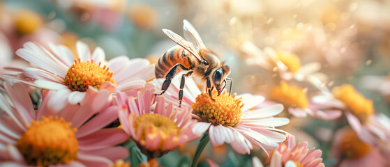 A bee gathering honey from a chamomile flower in summer
