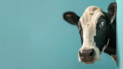 Surprised cow peeking from corner on blue background
