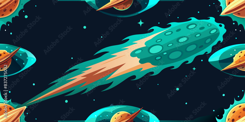 Poster vibrant space comet seamless vector pattern - surrounded by planets and stars