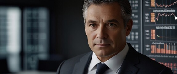 Showcase the accuracy and speed of AI technology in data analysis by creating an image of a businessman using a tablet to analyze complex data sets in real-time, with a digital interface overlaid