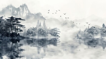 wallpaper vintage chinese landscape drawing of lake with birds trees and fog in black and white design for wallpaper, wall art, print, fresco, mural