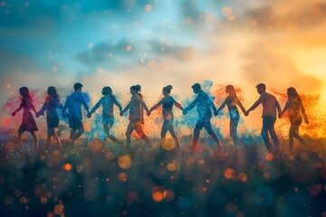 Fototapeta premium teamwork makes the dream work, a lot of people in warm light