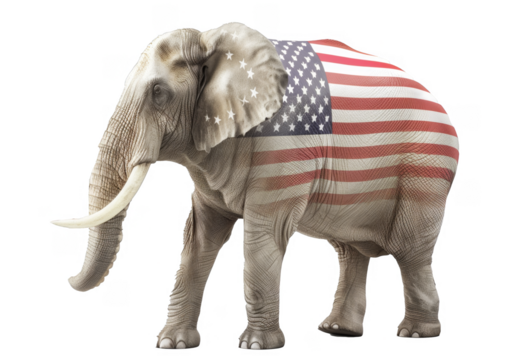 Elephant with US flag isolated on transparent background