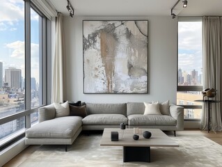Modern Living Room with Stunning City Skyline View