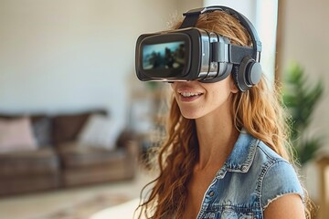Woman Wearing Virtual Reality Headset in Living Room