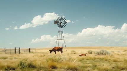 Cows Grazing in Pasture with Windmill