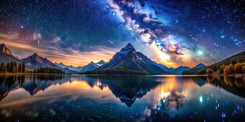 Spectacular mountain and lake in starry night with shimmering light, , nature, background, beautiful, mountain, lake, starry night, shimmering light, pixie dust, digital art, panoramic view