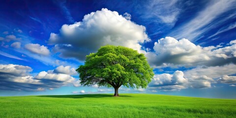 Digital image of a tree on a green field under blue sky and clouds, tree, green, field, sky, clouds, nature, landscape, serene, peaceful, scenic, meadow, grass, outdoors, tranquil