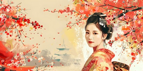 Fototapeta premium A beautiful Japanese woman in a kimono standing in a field of cherry blossoms.