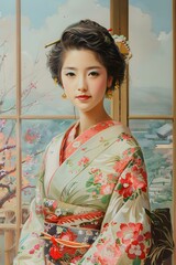 Japanese Woman in Kimono Standing by Window