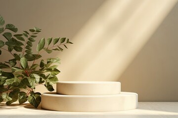 3d rendering podium with leaf background, generative ai