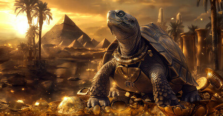 The Gold turtle is sitting in golden treasures, against the backdrop of ancient Egypt with pyramids and palm trees.