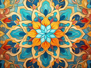 Vintage arabic arabesque design greeting card for Ramadan Kareem. Islamic ornamental colorful detail of mosaic illustration.