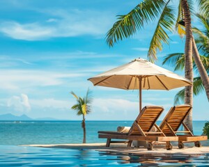 Fototapeta premium Luxury beach resort pool with palm trees and umbrellas in seaside for relaxing vacation travel