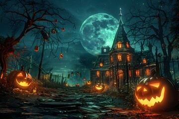 Halloween pumpkins and haunted house
