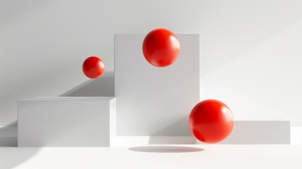 Minimalist composition with three red spheres of varying sizes, two of which are floating above a white platform, and one is resting on the platform