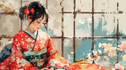 Fototapeta premium A woman in a red kimono is sitting on the floor in front of a window.