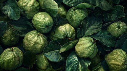 Fototapeta premium Collection of green, bumpy-skinned fruits, likely guavas, surrounded by lush green leaves