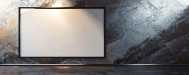 An upscale architectural studio with one empty white frame with dark borders, spotlighted against a wall with a textured titanium finish. 