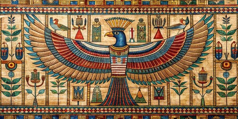 Intricate ancient Egyptian bird pattern with a mysterious and symbolic design